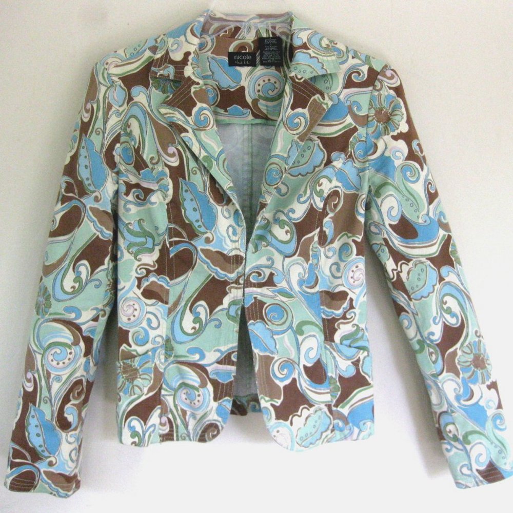 Nicole Miller print blazer 4 Cotton blend Blue Brown Green Pockets Jacket Fall